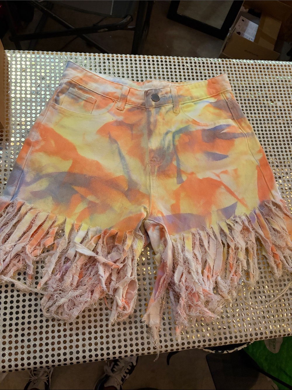 Tie-Dye Fringe High-Waist Jean Shorts - Yellow & Orange
